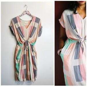 LOU & GREY Loft Geo Tie Waist Midi Dress V-Neck Cream Pink S Small